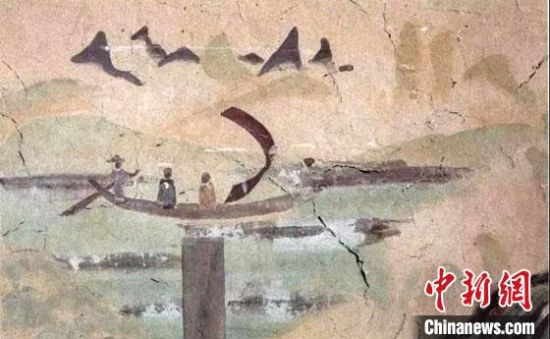 “一人搖櫓晃扁舟，兩人撐篙水上漂?！眻D為莫高窟第323窟《搖櫓帆船》（初唐）?！《鼗脱芯吭汗﹫D