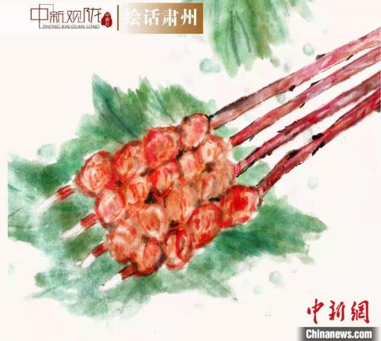 圖為酒泉美食“紅柳烤肉”繪畫(huà)作品?！《排d彥 攝