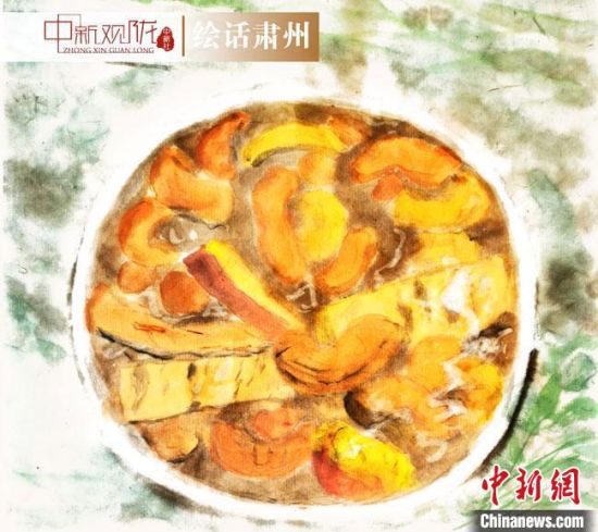 圖為酒泉美食“糊鍋”繪畫(huà)作品?！《排d彥 攝